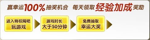 简单3步应幸运100%抽奖机会，进入特权网吧玩游戏，游戏时长大于50分钟，免费抽取幸运大奖